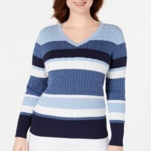 KAREN SCOTT | Cozy Casual Fitted Blue White Stripe Cotton V-Neck Sweater | S